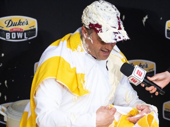 South Carolina’s Shane Beamer speaks after having mayo dumped on his head
